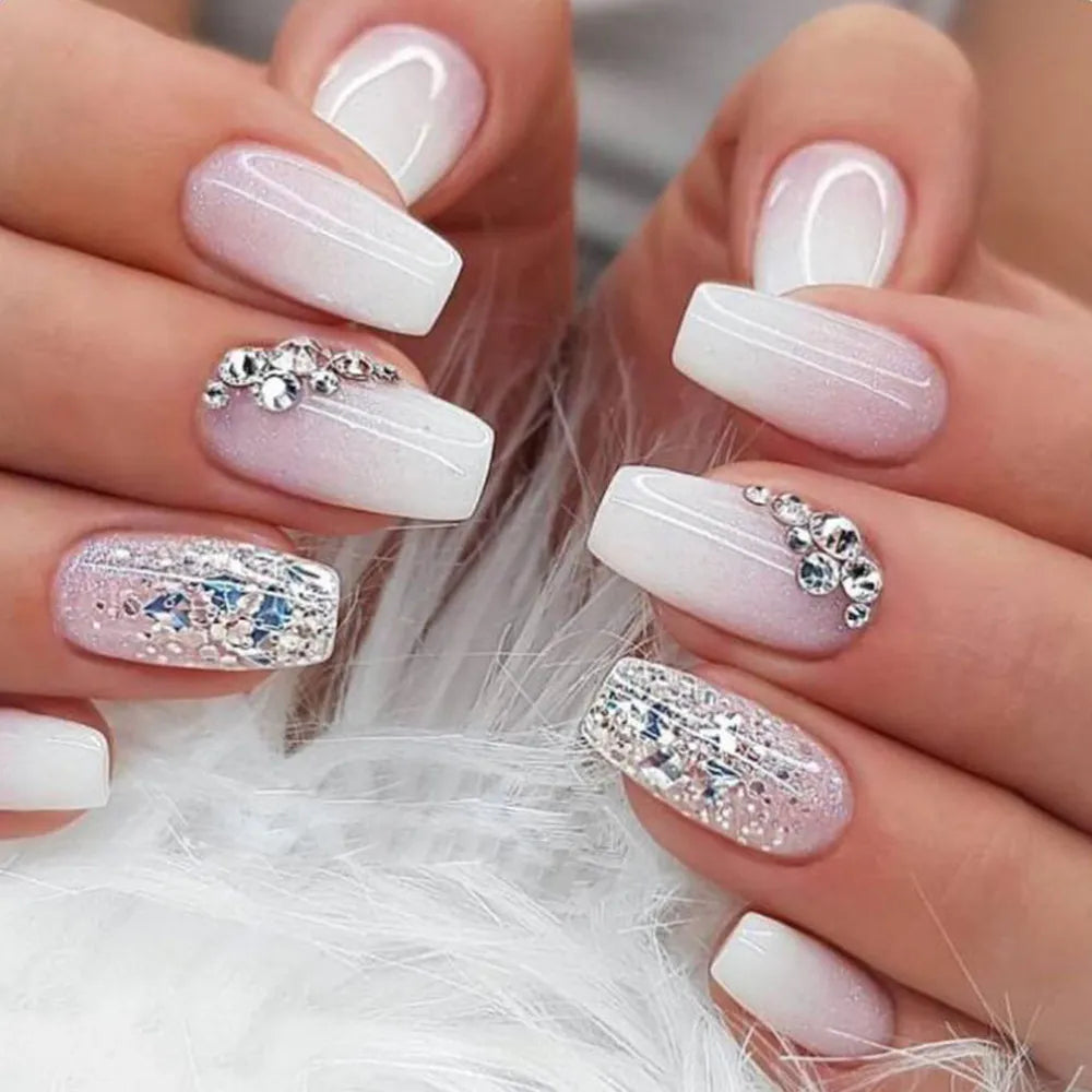 Denim Blue Rhinestone Cross Nails Set
