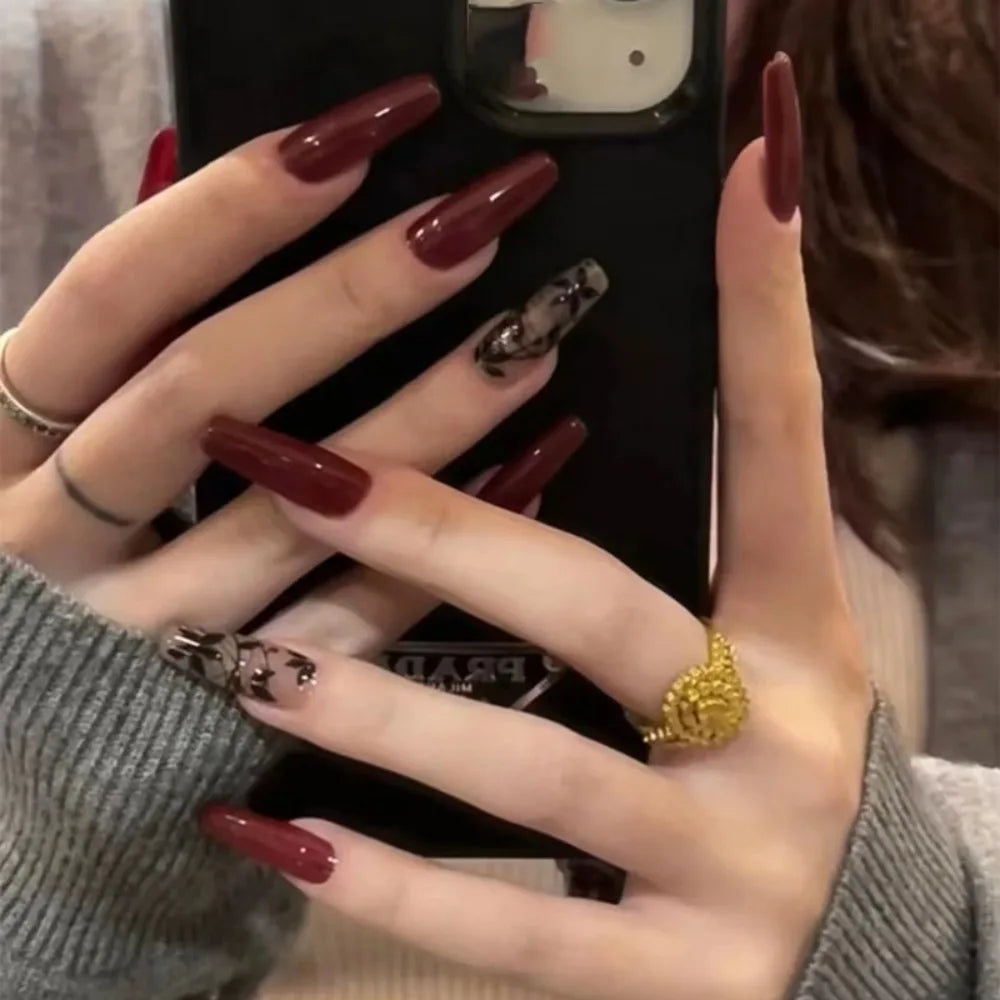 Burgundy Coffin Nail Set With Unique Accents