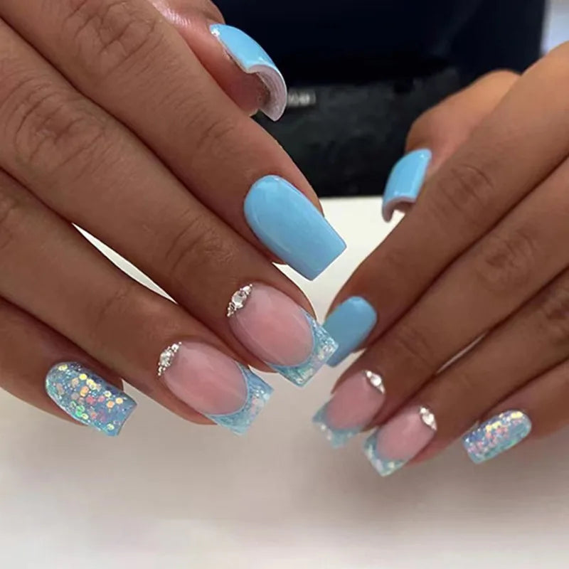 Denim Blue Rhinestone Cross Nails Set