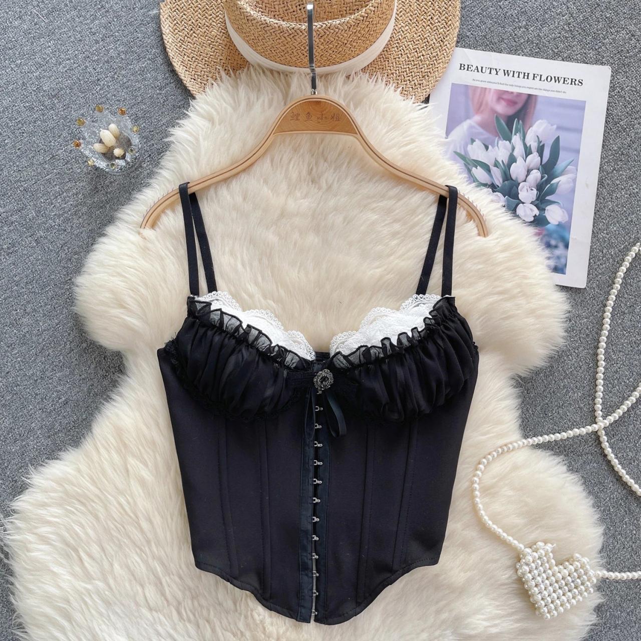 Black Lace Corset Top With White Trim on Luulla