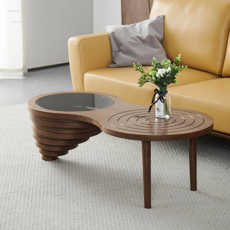 Modern Swirl Wooden Coffee Table With Glass Insert on Luulla