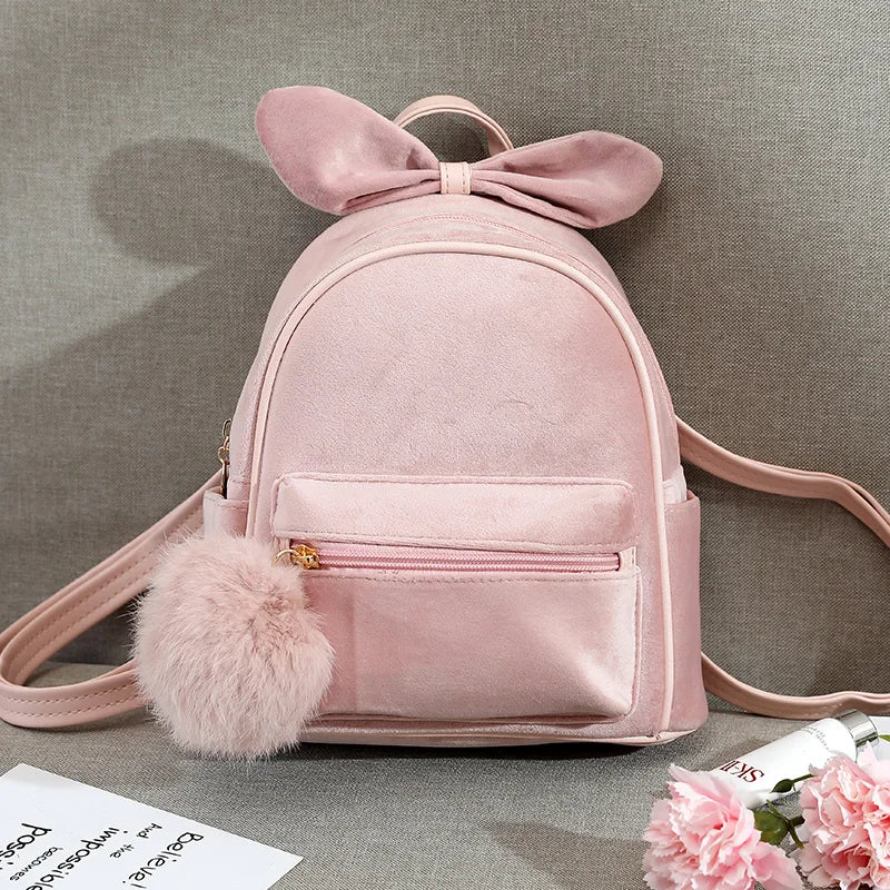 Pink Velvet Backpack With Bow And Pom-pom on Luulla
