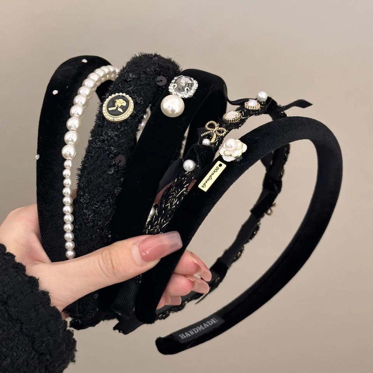 Velvet Pearl-Embellished Headbands velvet wrap headband big pearl embellished hairband stylish  main image 4