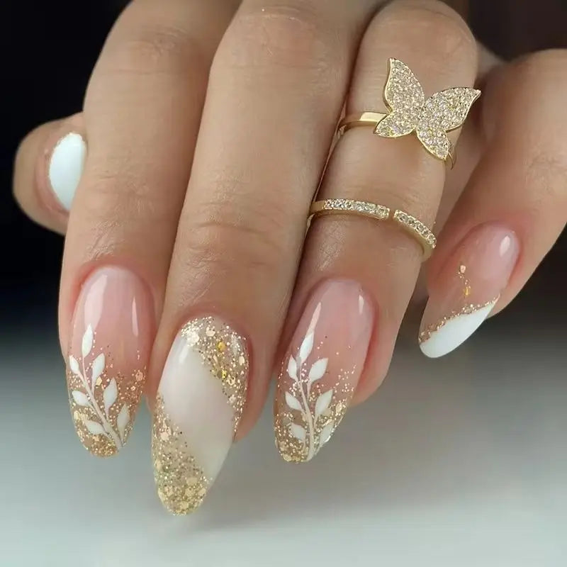 Gold Glitter Nail Art With Delicate Leaves on Luulla