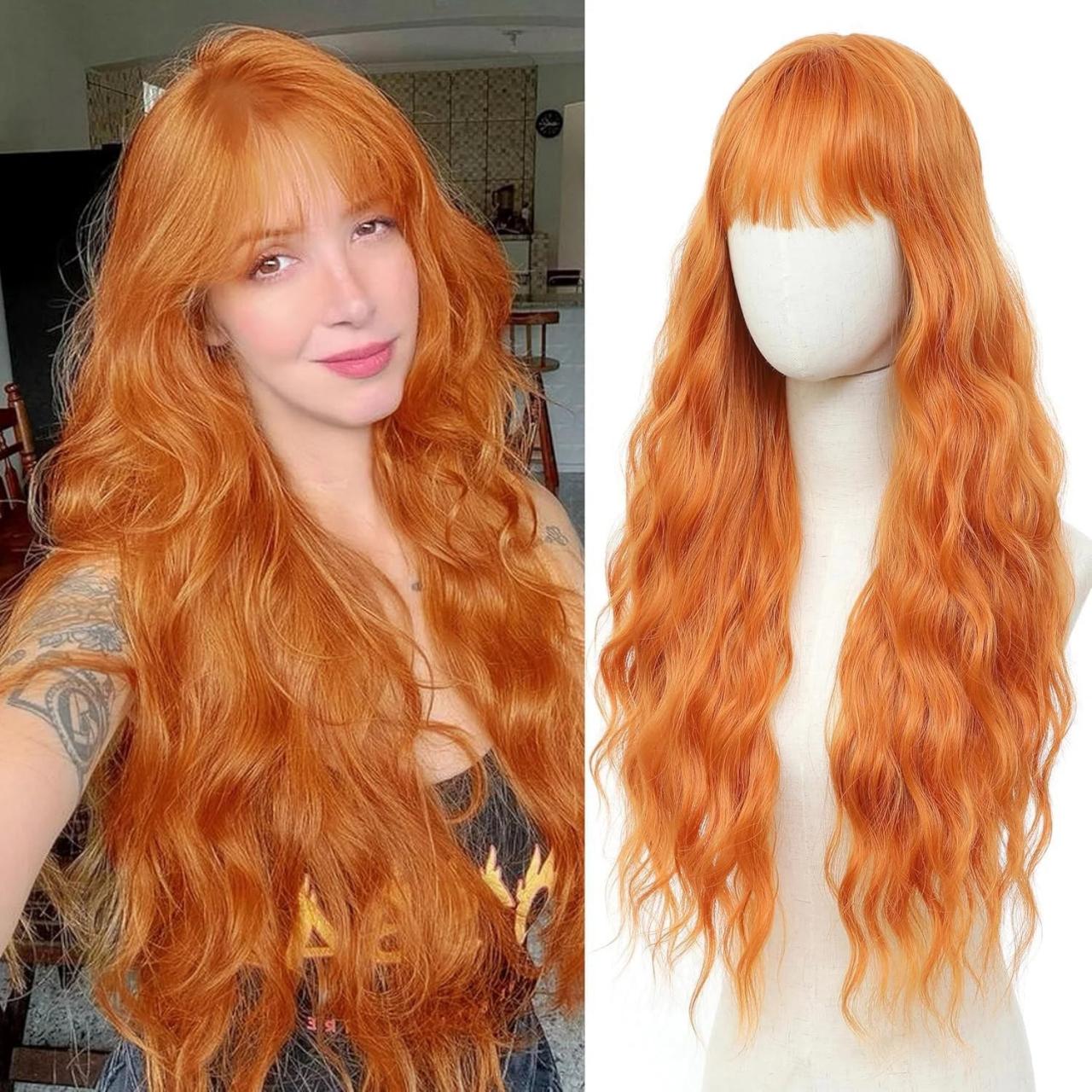 Long Wavy Copper Wig With Natural Bangs on Luulla