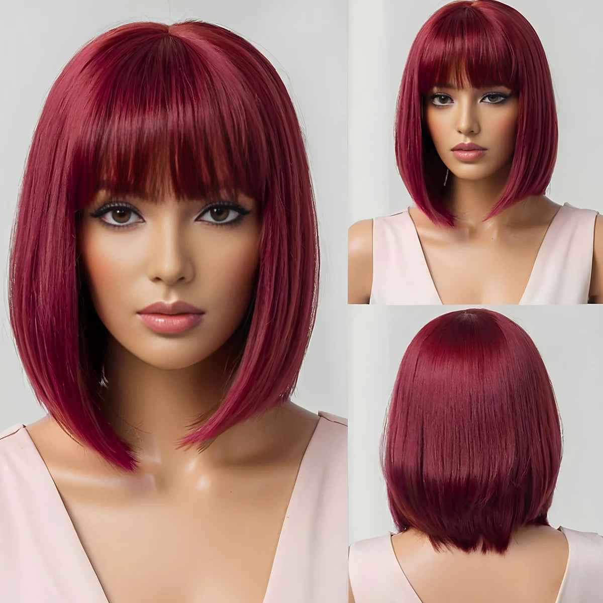 Burgundy Bob Wig With Bangs, Natural Look on Luulla