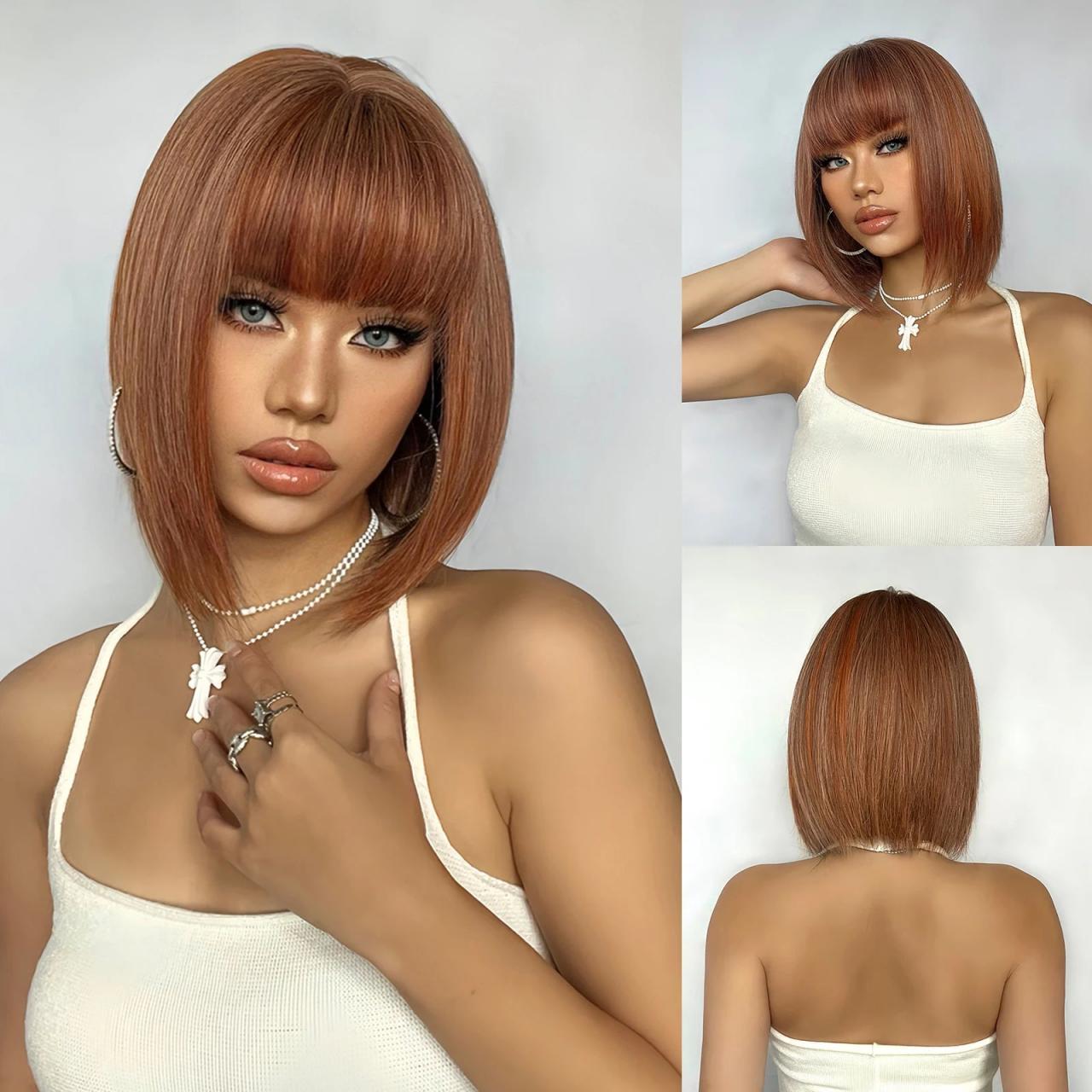 Brown Bob Wigs for Women Short Straight Wig with Bangs Synthetic Hair Heat Amazon.com : HAIRCUBE Bob Brown Wig with Bangs Short Brown  main image 3