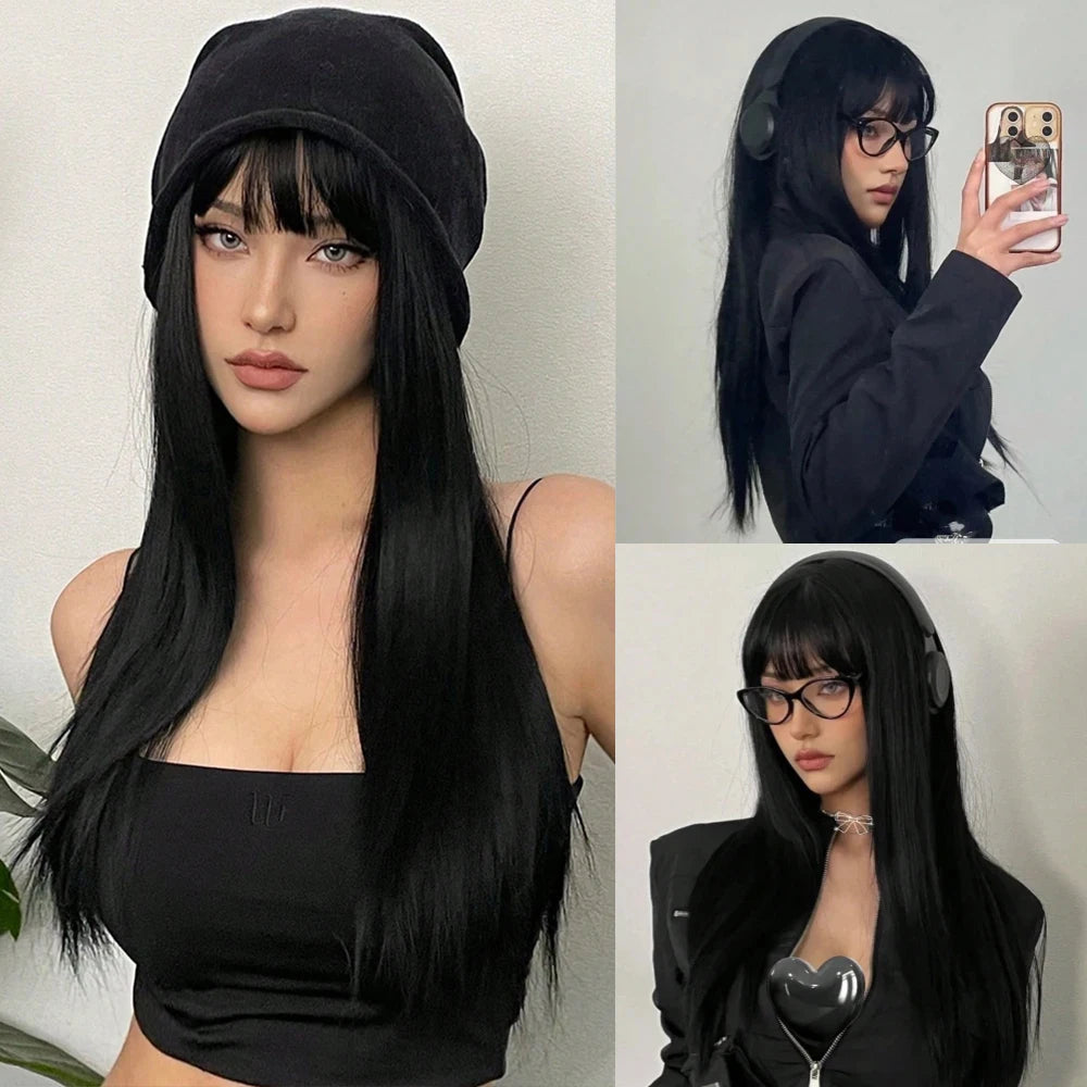 Synthetic Long Silky Straight Wigs With Bangs Black Cosplay  display picture 1