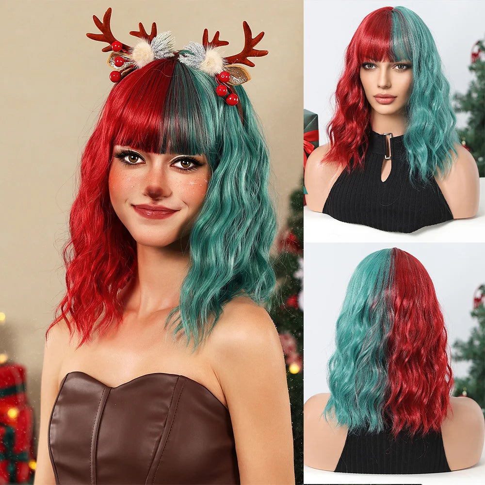 Festive Red Green Wavy Synthetic Costume Wig