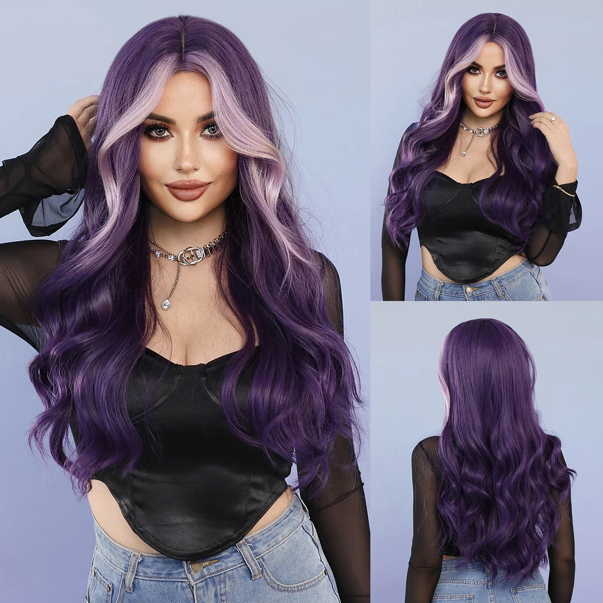Long Women Purple Wavy Synthetic Hair Full Wig Purple Full Bangs Long Wavy Synthetic Cosplay Wig In DARK  main image 4