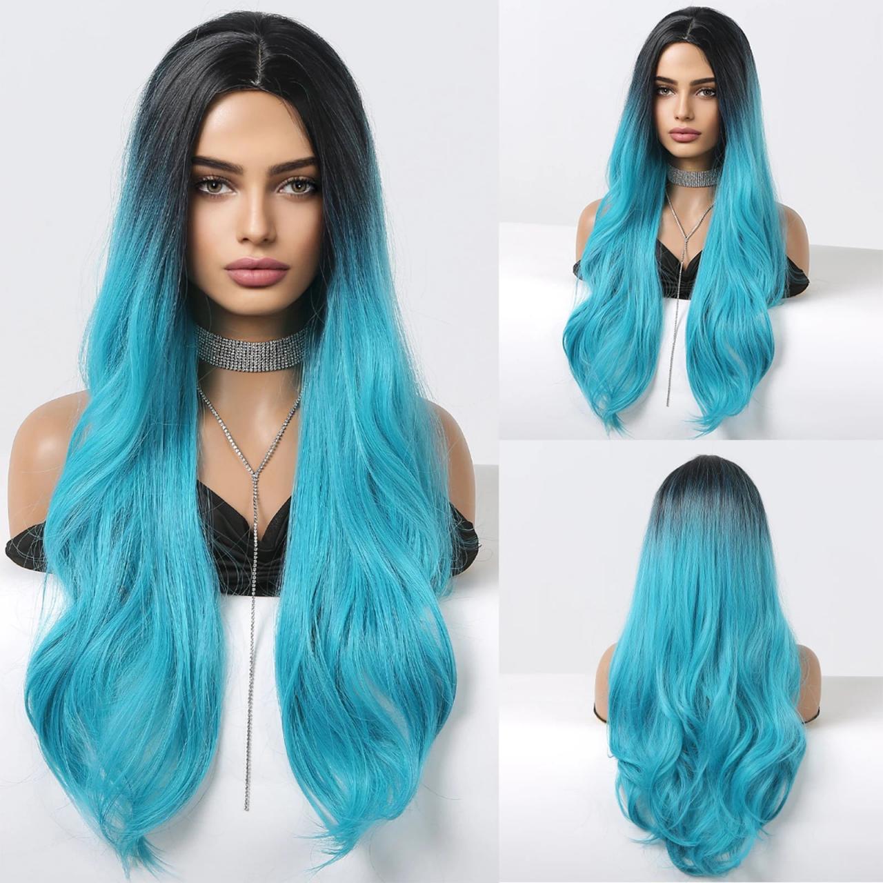 Ombre Black Teal Blue Lace Front Wig Midnight Blue Wigs with Dark Roots 100% Human Hair – SULMY main image 2