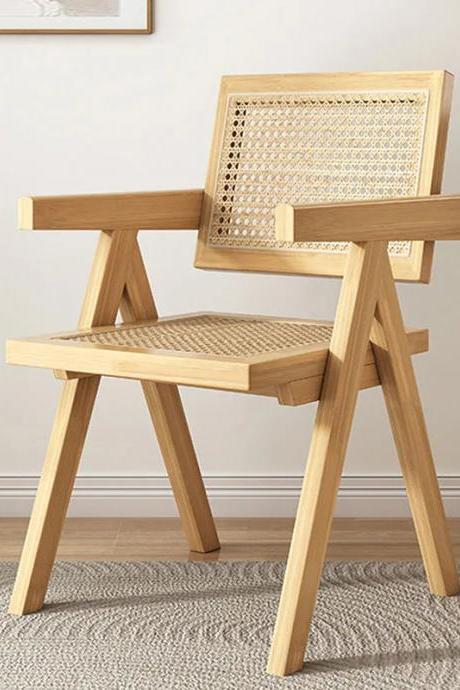 Modern Wooden Chair With Woven Rattan Backrest And Seat