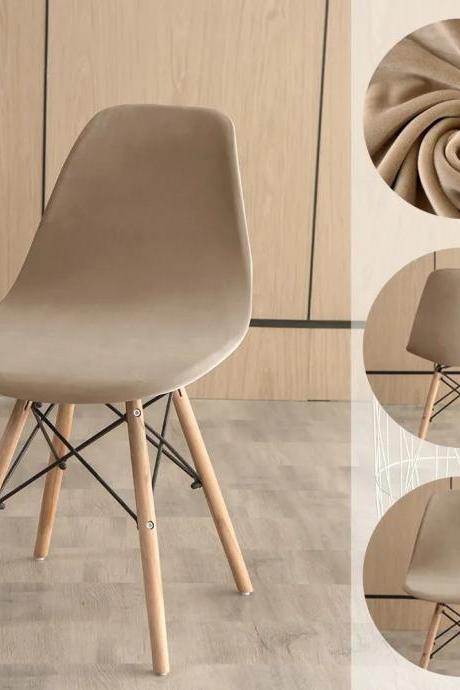 Modern Beige Velvet Cushion Chair With Wooden Legs