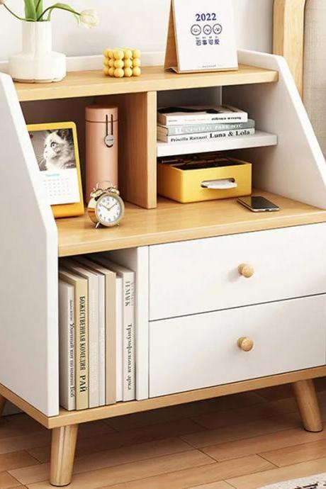 Modern Wooden Bedside Table With Shelves And Drawers