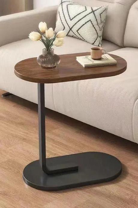 Modern C-shaped Sofa Side Table Wooden Top Metal Frame