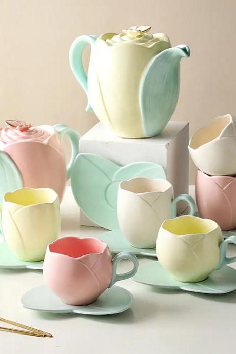 Floral Pastel Ceramic Teapot Set With Matching Cups