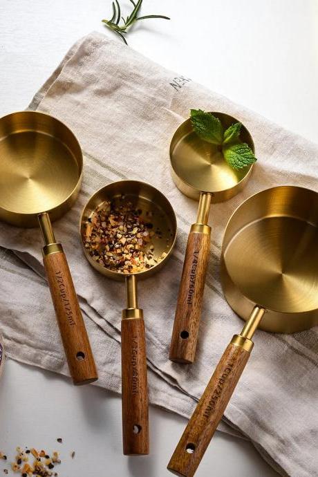 Premium Gold-finish Measuring Cups With Wooden Handles