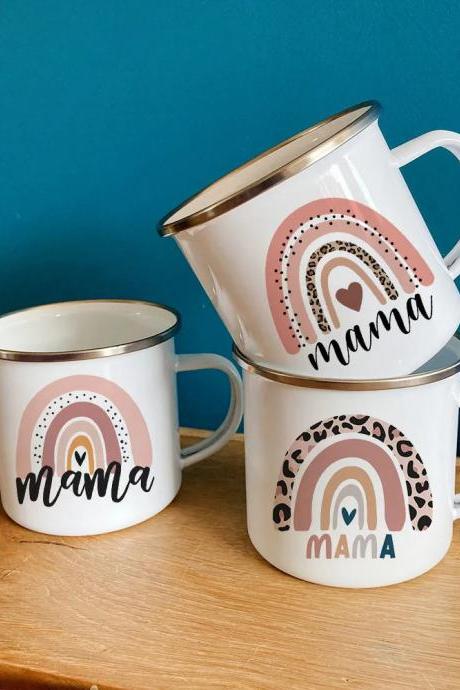 Mama Printed Rainbow Enamel Coffee Mug Set