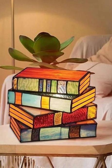 Handcrafted Stained Glass Stack Of Books Table Lamp