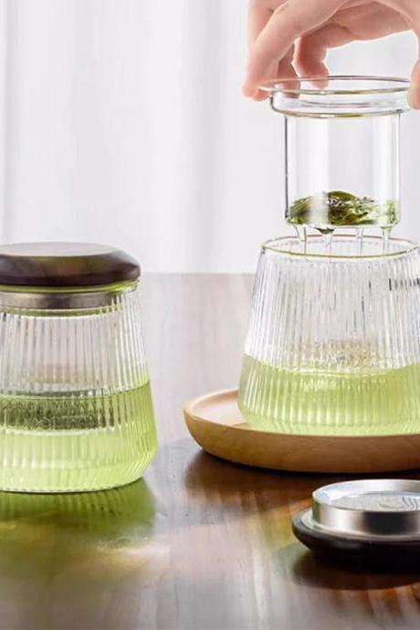 Modern Ribbed Glass Tea Infuser Mug With Lid