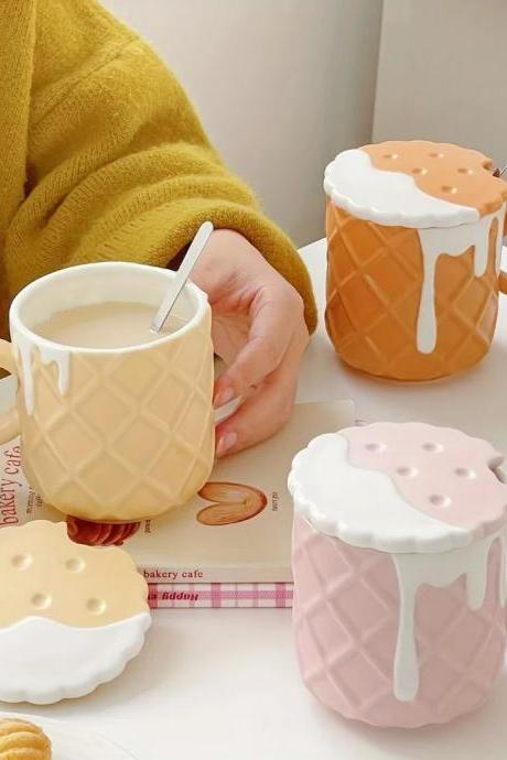 Ceramic Ice Cream Waffle Cone Design Mugs With Spoons