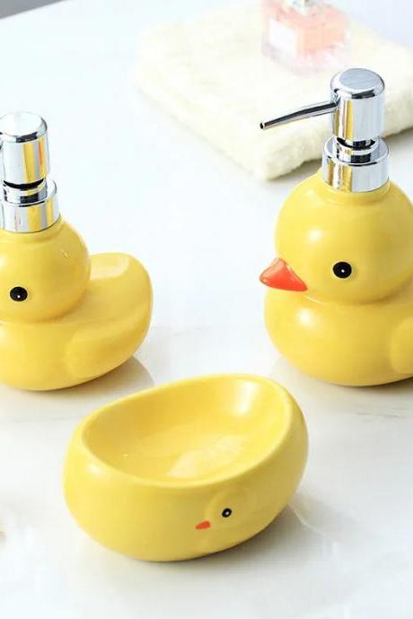 Cute Yellow Duck-shaped Soap Dispenser And Dish Set