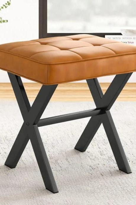 Luxury Leather Cushioned Ottoman With X-shaped Metal Base