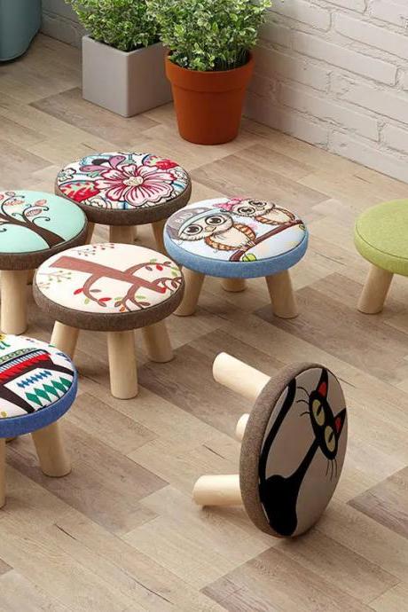Decorative Wooden Stools With Colorful Patterned Tops