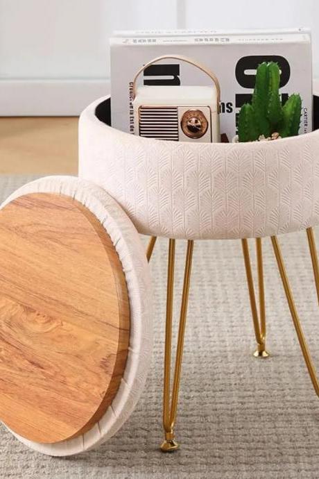 Modern Round Fabric Storage Stool With Wooden Lid