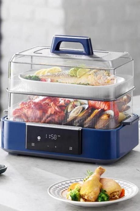 3-tier Electric Food Steamer With Digital Timer, Blue