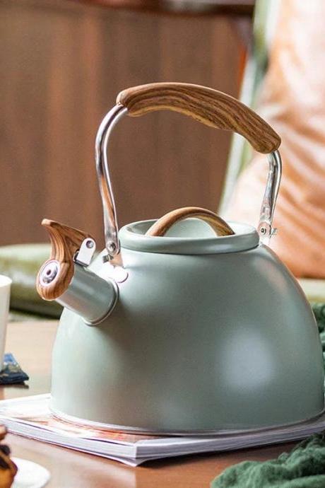 Vintage Style Stovetop Whistling Tea Kettle With Wood Handle