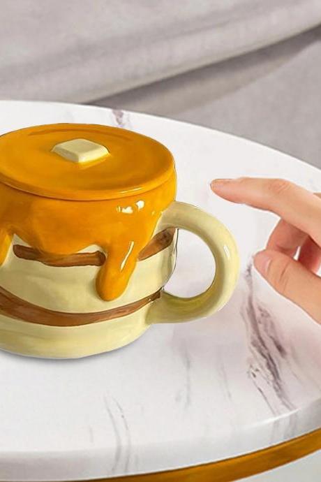 Novelty Ceramic Pancake Stack Mug With Lid