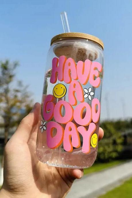Have A Good Day Smiley Glass Jar With Straw