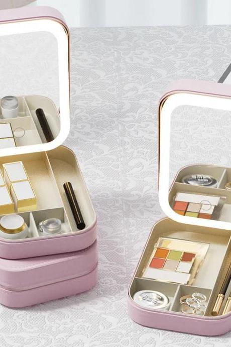 Portable Led Lighted Makeup Mirror Storage Organizer Box