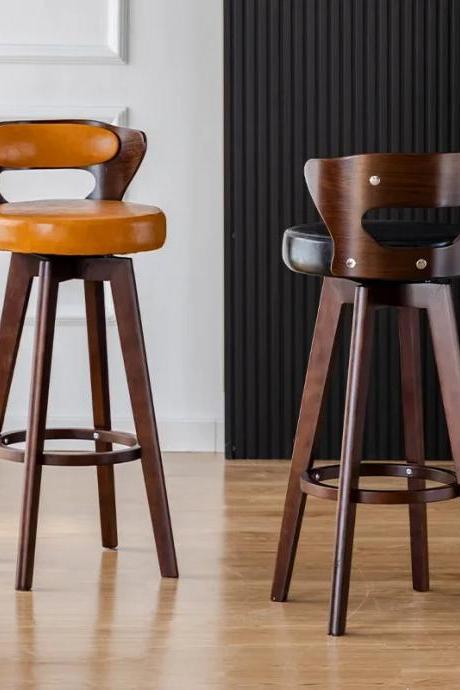Vintage Wooden Swivel Bar Stools Leather Seats Set