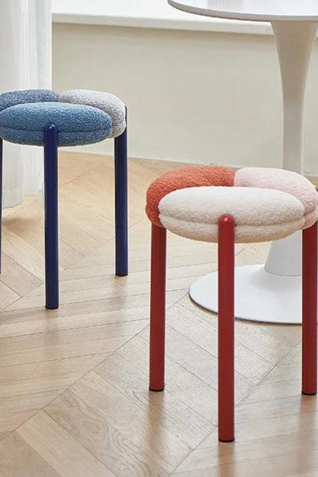 Modern Plush Top Stool With Colorful Metal Legs