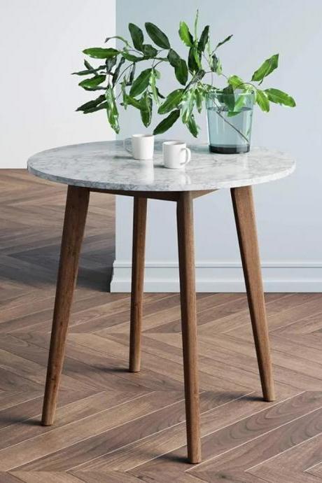 Modern Round Marble Top Coffee Table With Wooden Legs