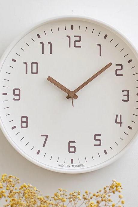 Minimalist White Wall Clock With Wooden Hands 12-inch