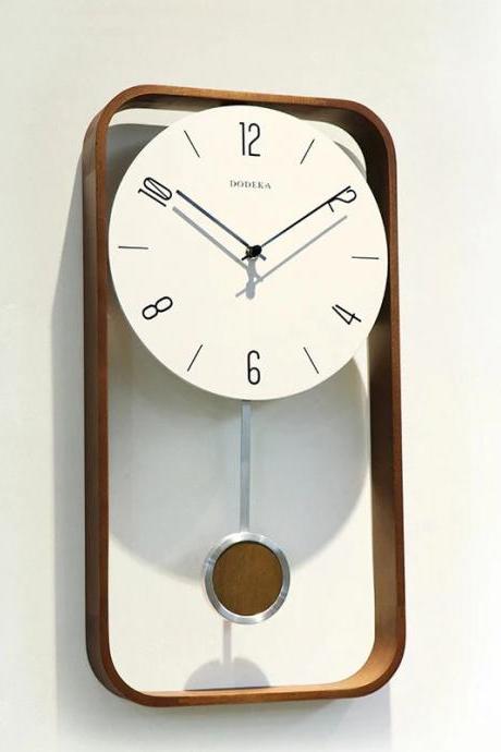Modern Wall Clock With Pendulum, Wooden Frame Design