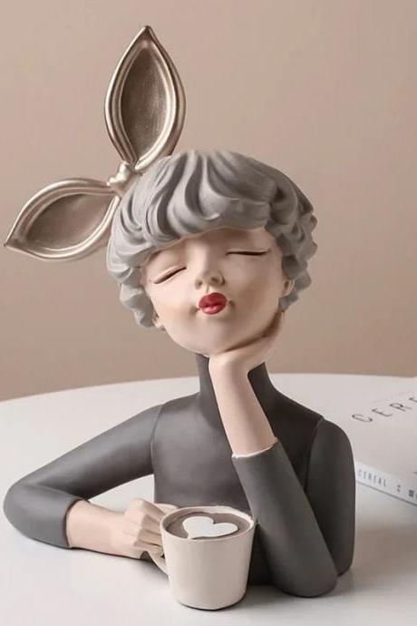 Chic Bunny Ears Ceramic Lady Figurine Home Decorative Statue