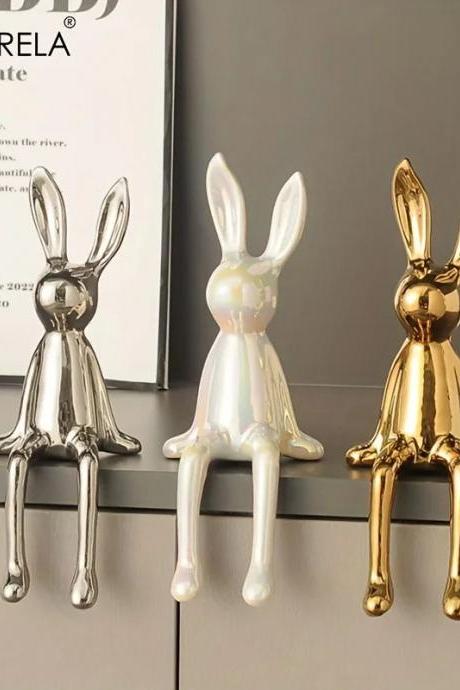 Modern Metallic Sitting Bunny Figurines Decorative Set