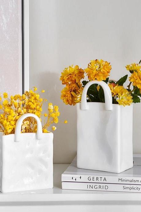 Ceramic Tote Bag Vase Decorative Floral Arrangement Holder