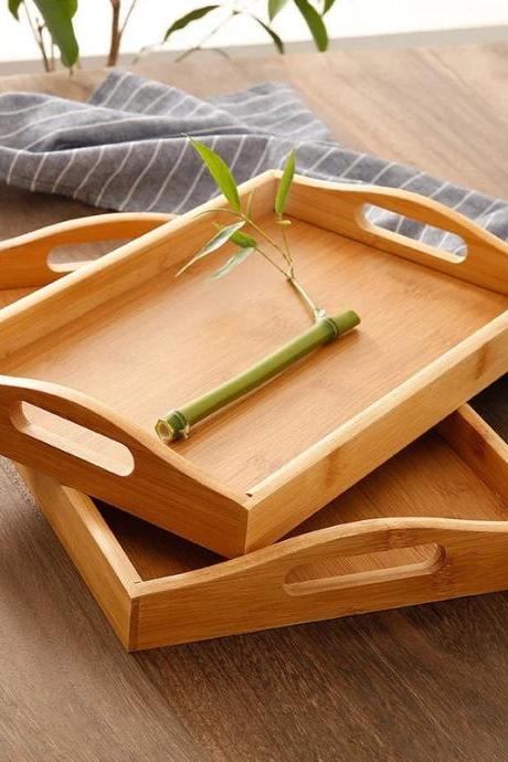 Bamboo Serving Trays With Handles, Stackable Set Of 2