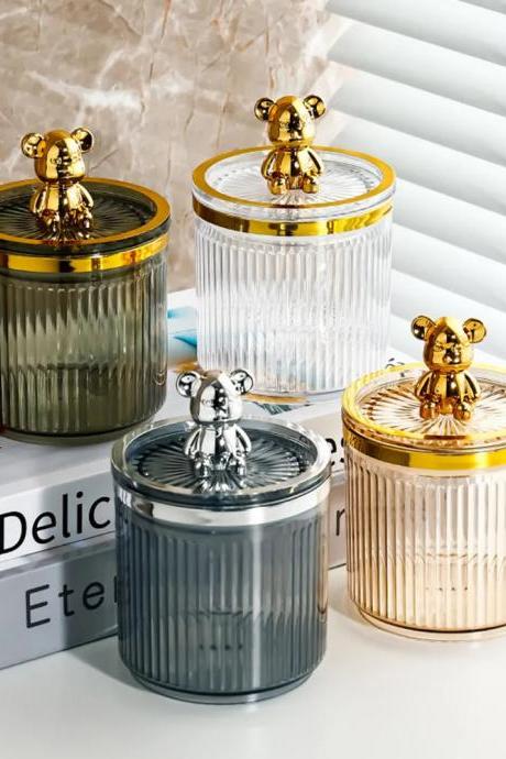 Decorative Ribbed Glass Jars With Bear Figurine Lids