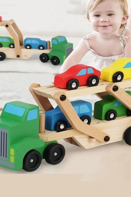 Wooden Car Transporter Toy Set With Six Cars
