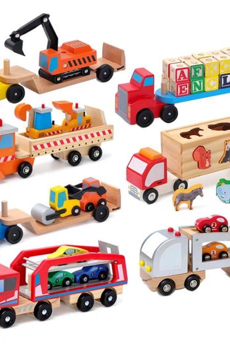 Colorful Wooden Toy Trucks With Various Educational Playsets