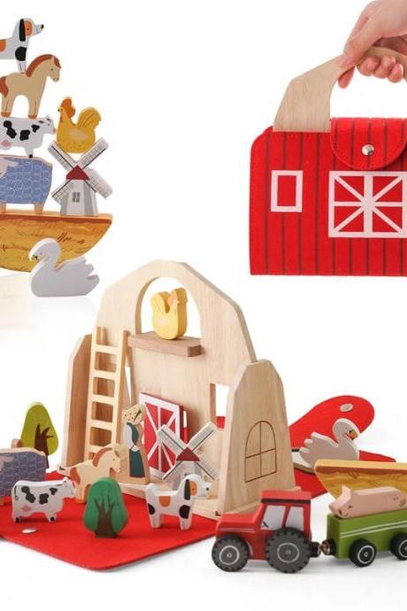 Wooden Farmhouse Playset With Animals And Accessories
