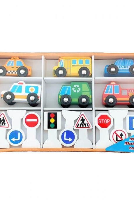 Kids Wooden Vehicle And Traffic Sign Playset, 12 Pieces