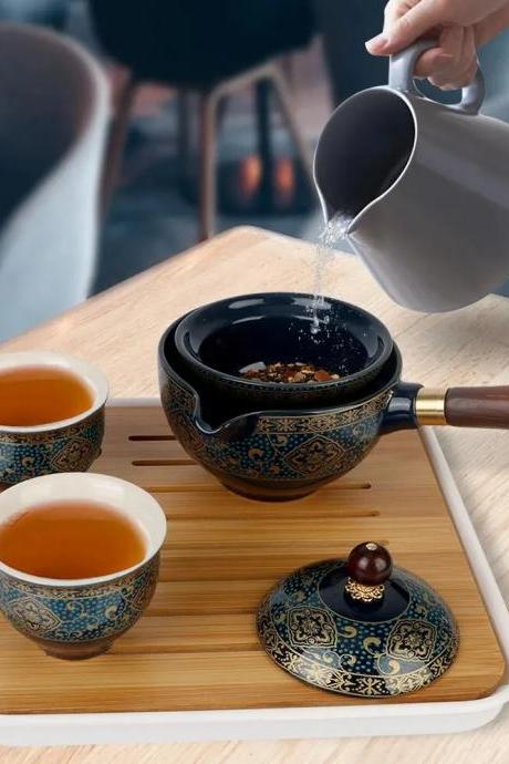 Traditional Asian Porcelain Tea Set With Bamboo Tray