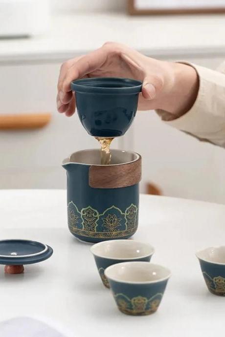 Traditional Blue Ceramic Tea Set With Bamboo Handle